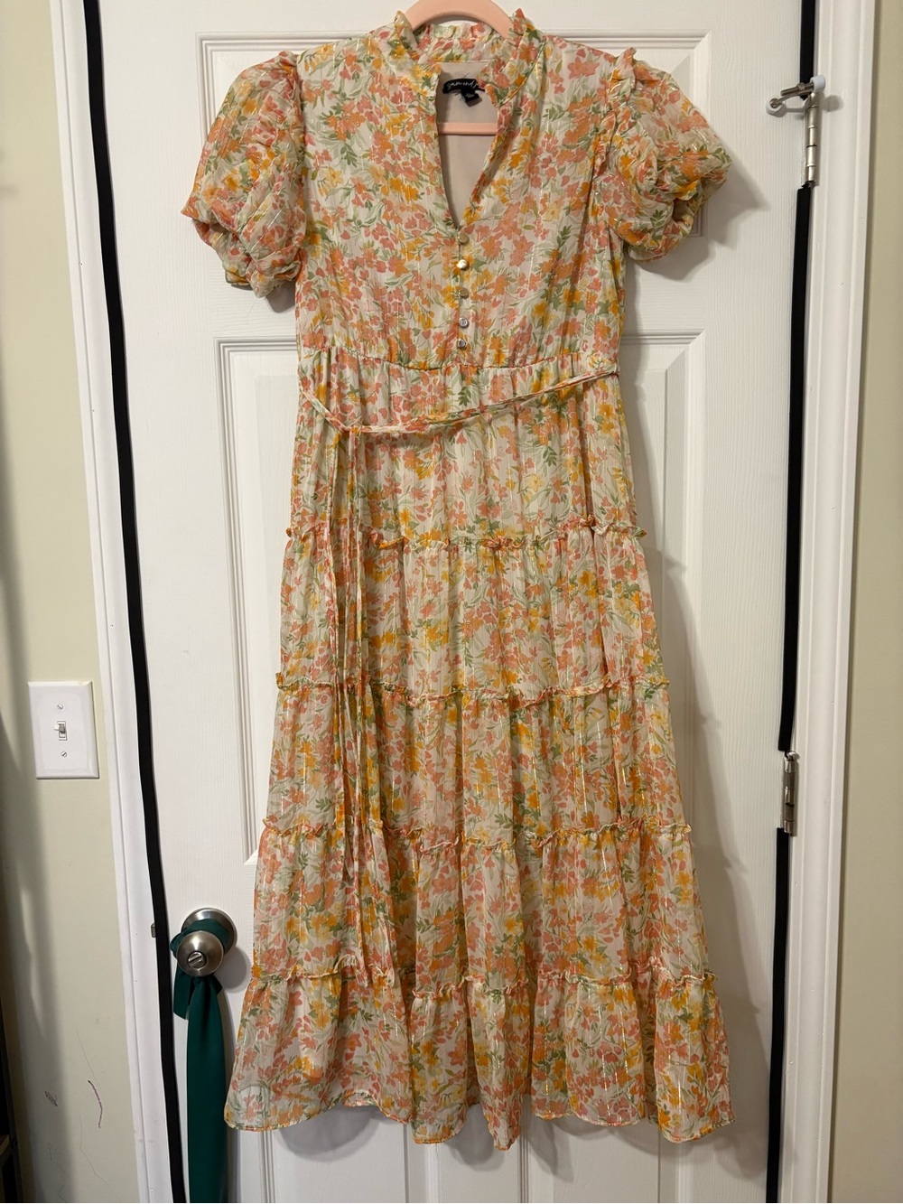 Floral Tiered Midi Dress in Peach and Cream